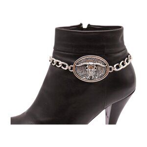 Women Silver Metal Boot Chains Bracelet Western Shoe Texas Long Horn Bull Charm